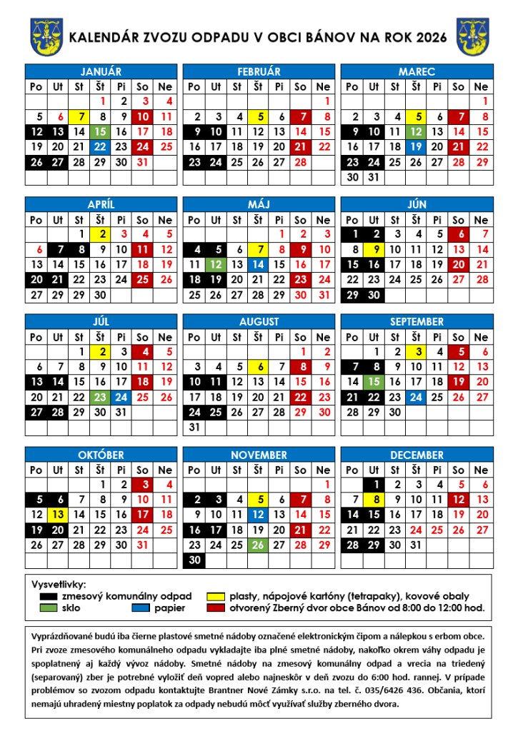 Kalendár zvozu odpadu na rok 2026