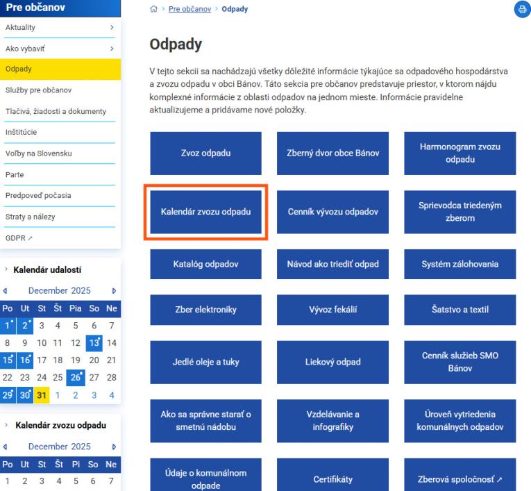 webová stránka sekcia odpady